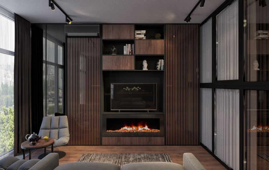 Гостиная лофт с электрокамином