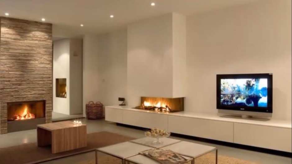 Биокамин под телевизором в гостиной