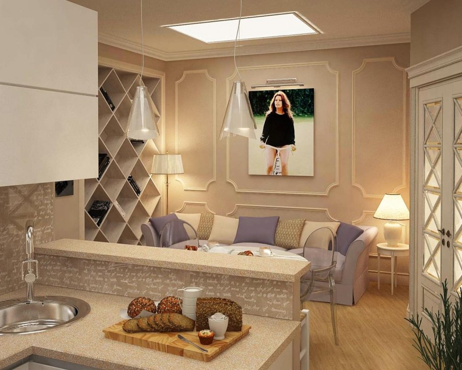 Зеркало в гостиной с молдингами