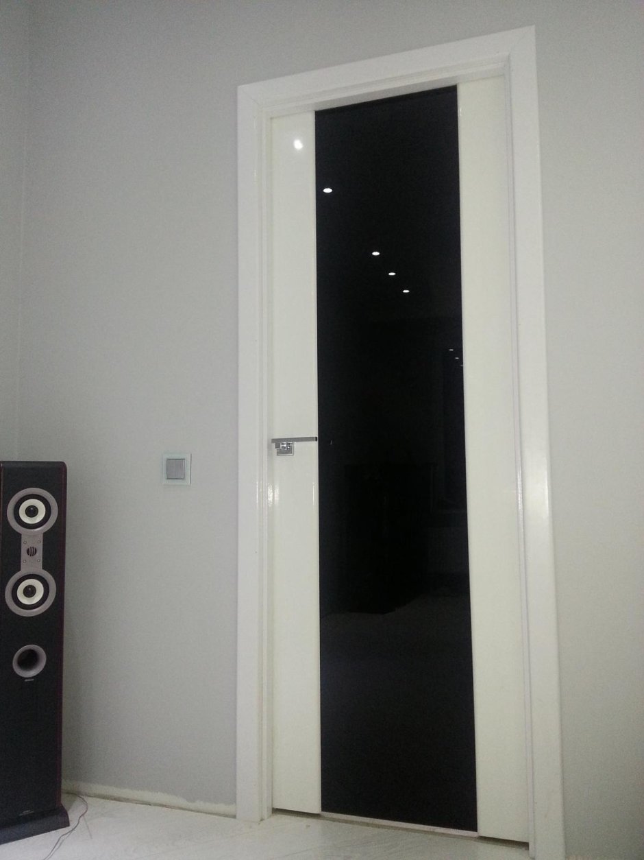 Дверь комнатная белая с черным стеклом
