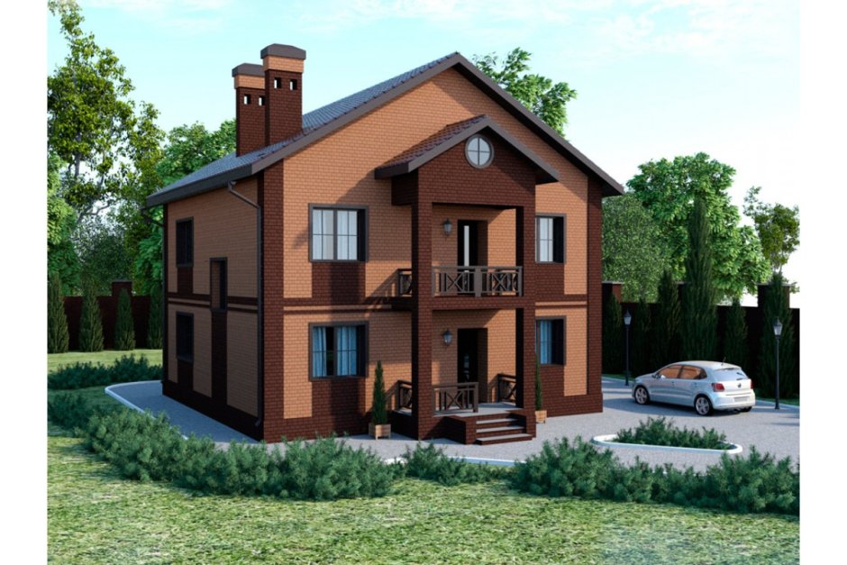 Двухэтажный кирпичный дом с балконом