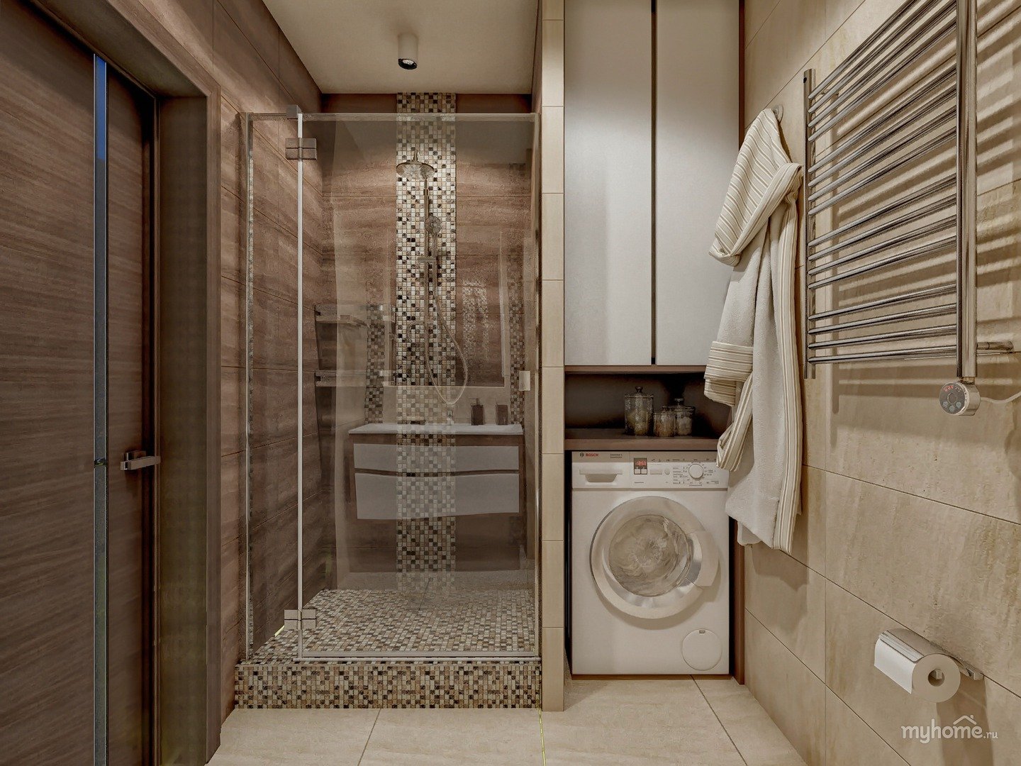 Планировка ванной комнаты с душевой кабиной и стиральной машиной и ванной