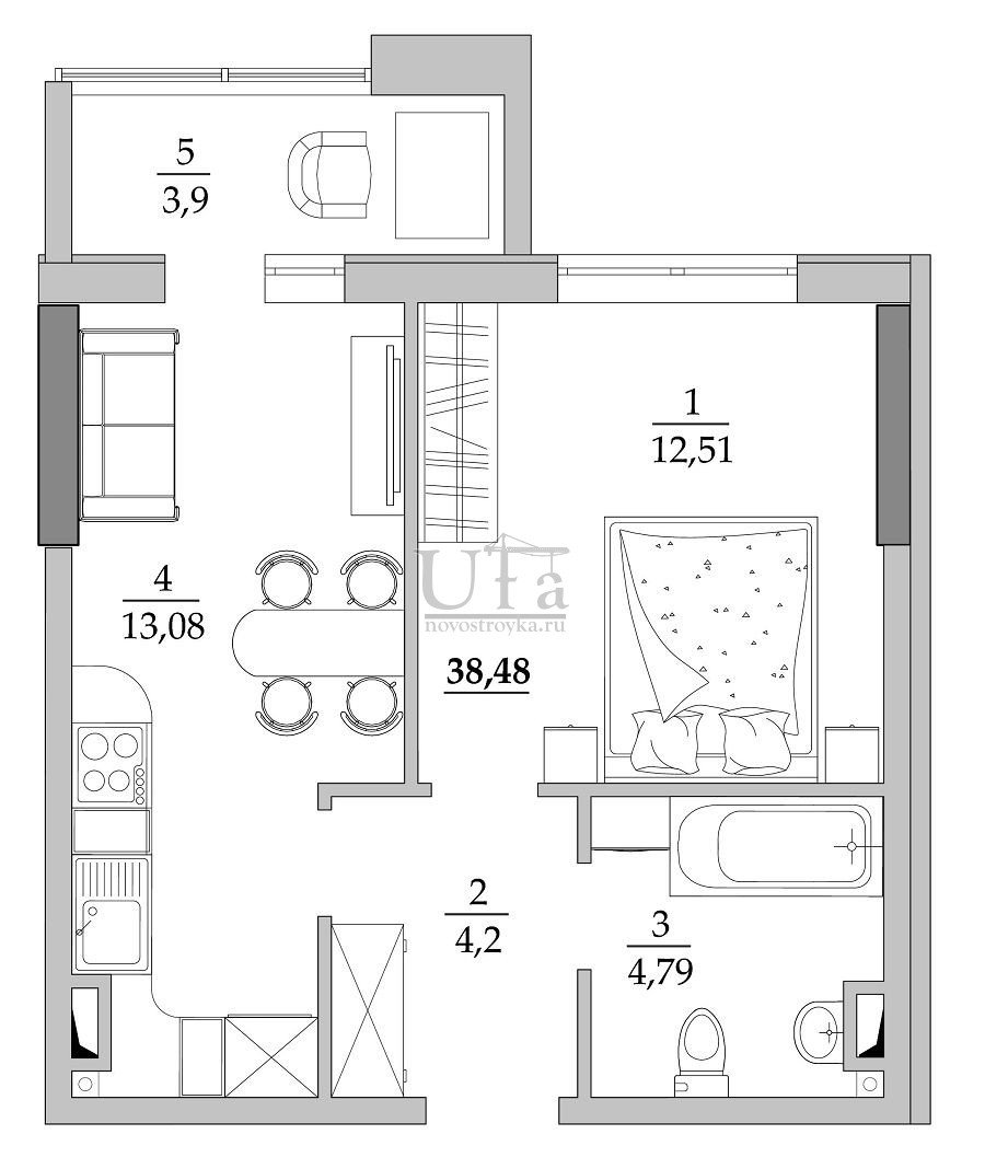 Планировка однушки 46 м2