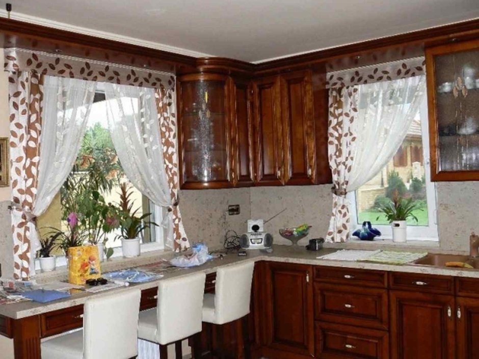 Кухня в частном доме с двумя окнами