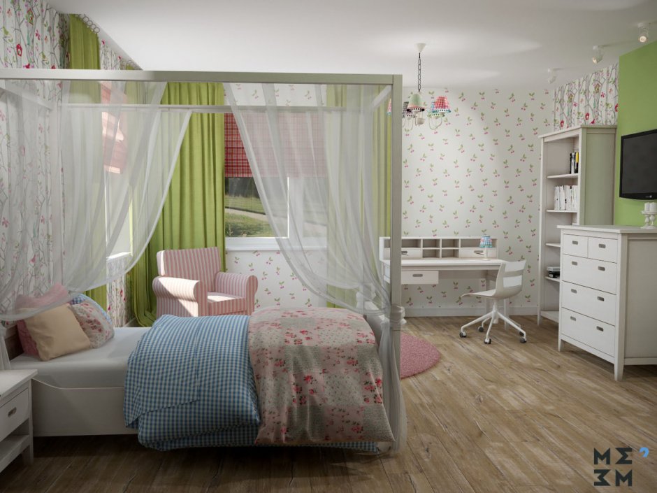 Детская комната для девочки с двумя окнами