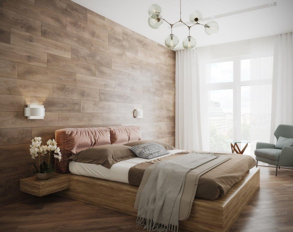 Деревянная стена в спальне