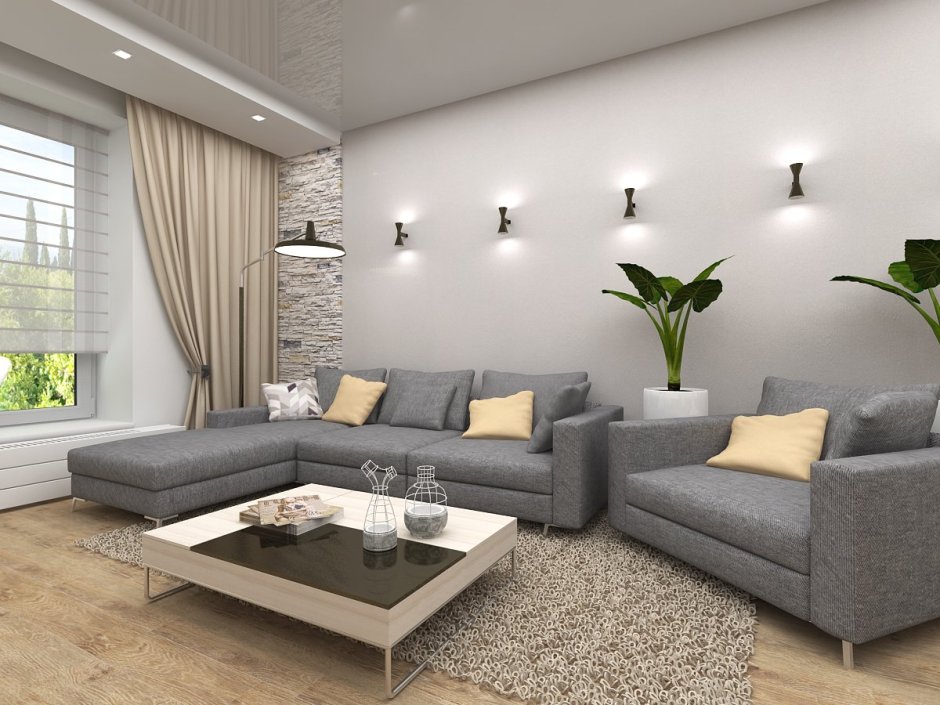 Гостиная в современном стиле с серым диваном