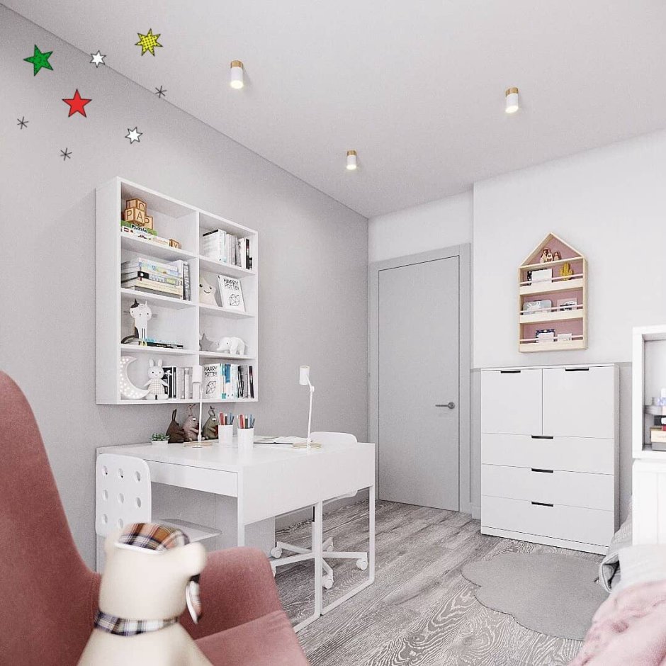 Комната для девочки с белой мебелью