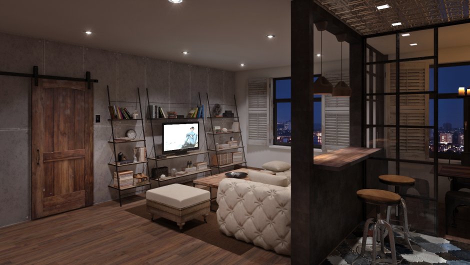 Комната спальня-гостиная в стиле лофт