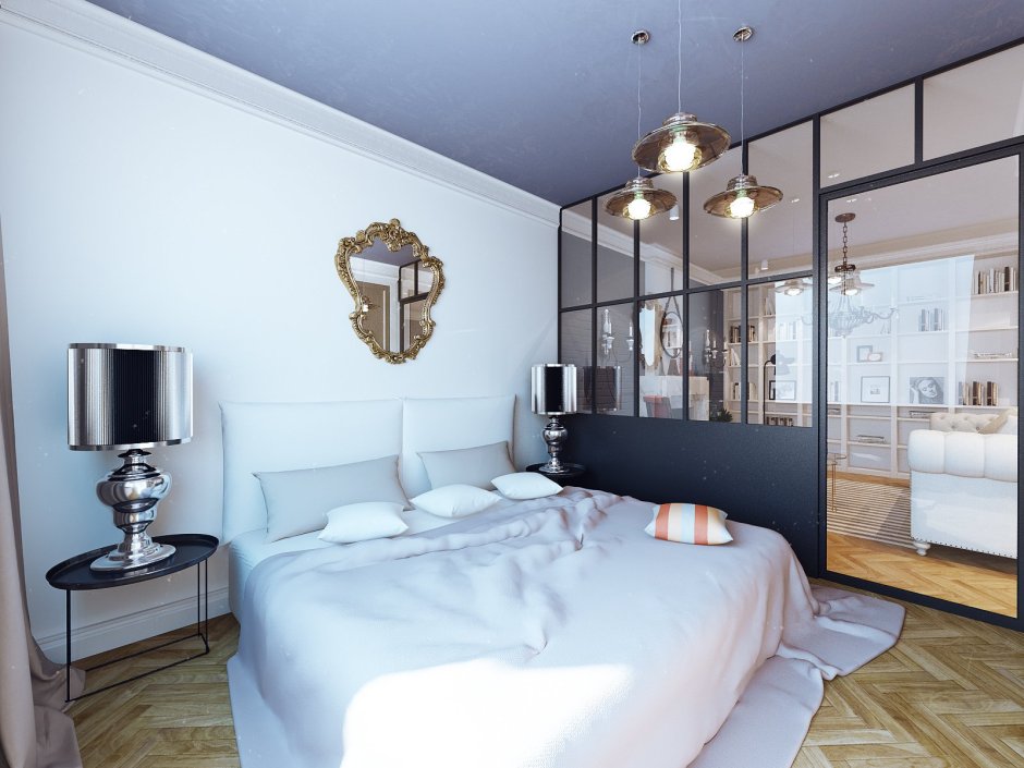 Спальня за стеклянной перегородкой