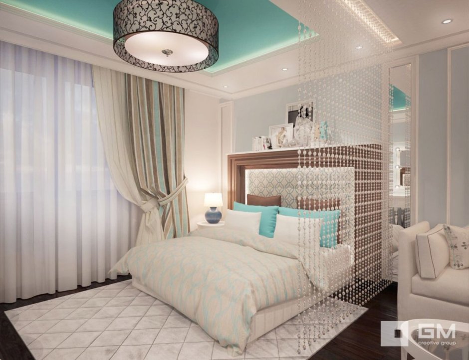 Спальня в бирюзово-бежевых тонах