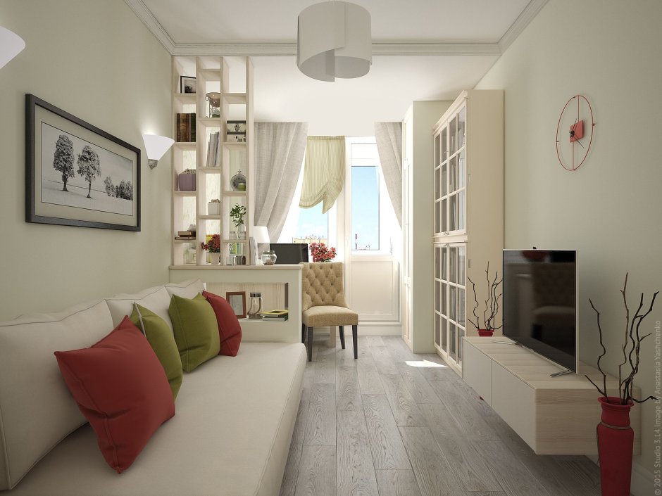 Зонирование длинной комнаты с балконом