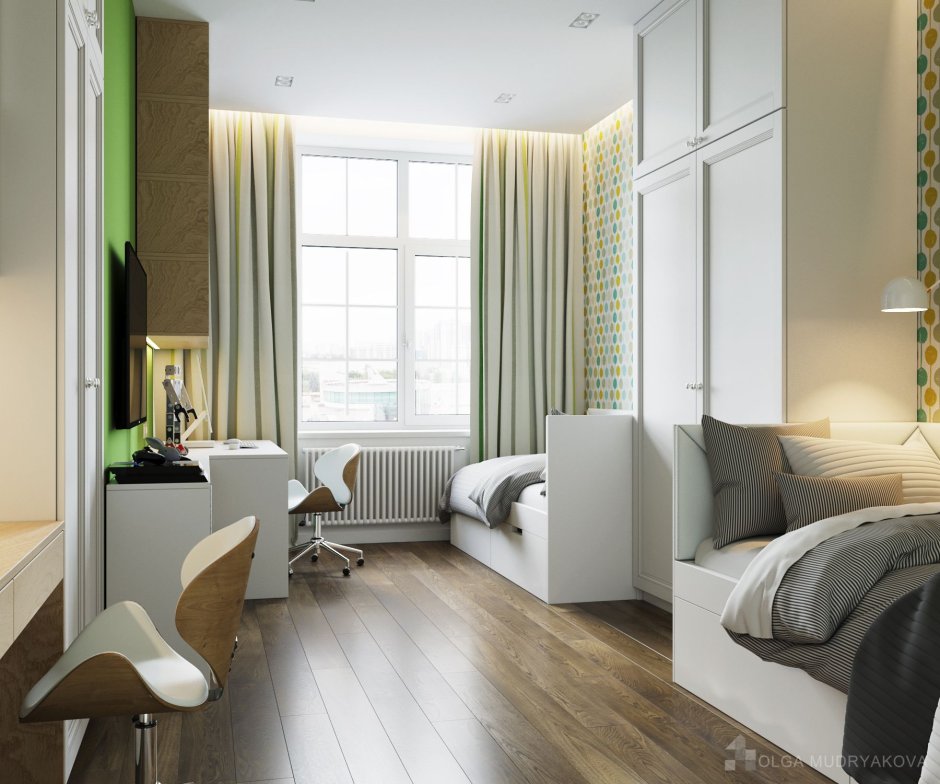 Зонирование комнаты с балконом для двух подростков