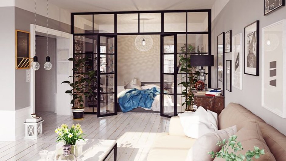 Спальня-гостиная с раздвижной перегородкой