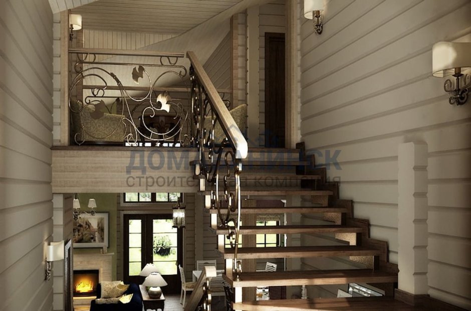 Интерьер лестницы в доме из клееного бруса