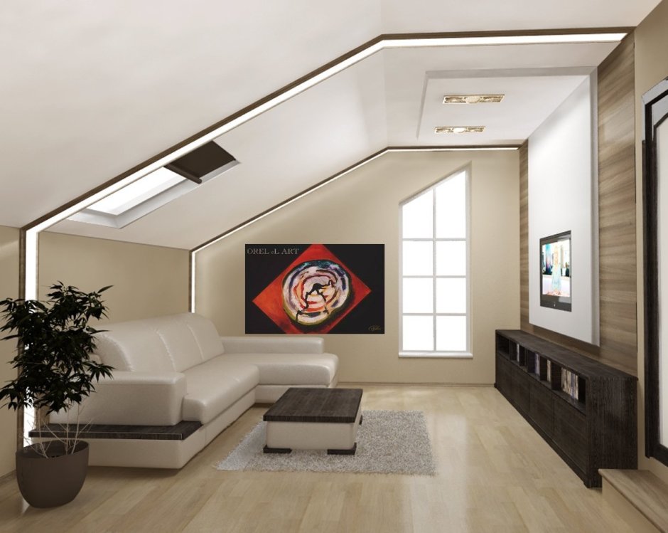 Гостиная с наклонным потолком