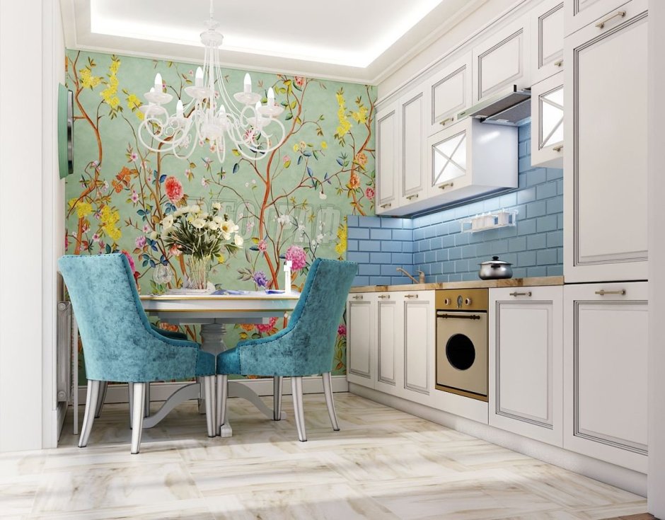 Фреска в интерьере кухни голубого цвета