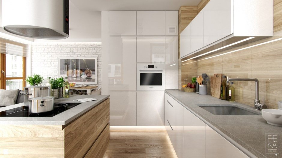 Кухня бежевого цвета без ручек