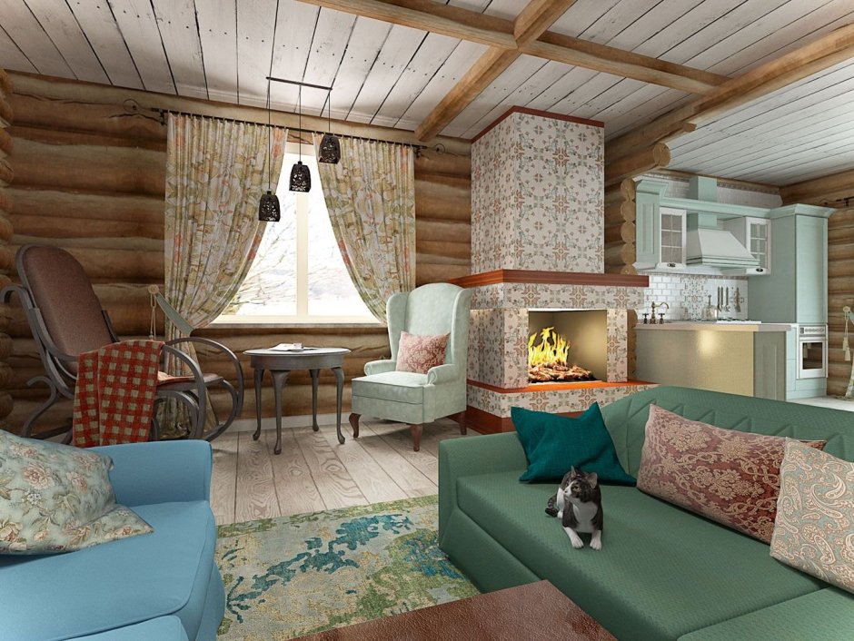 Интерьер кухни-гостиной на даче