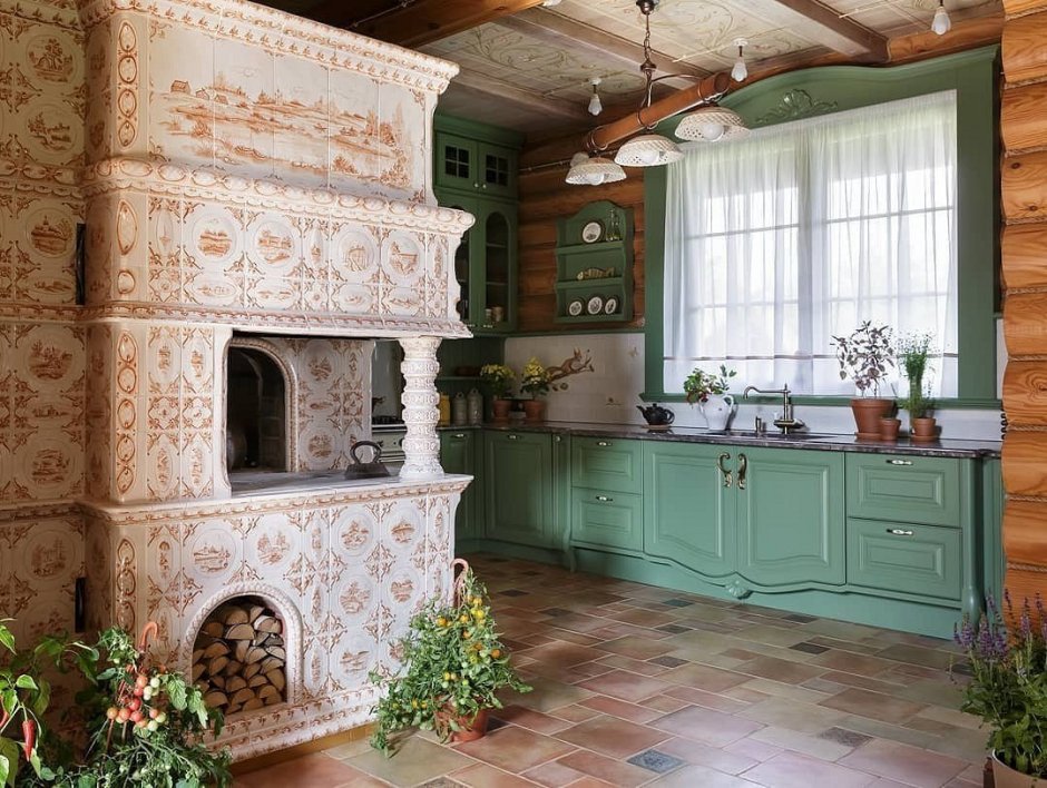 Кухня с русской печкой в частном доме