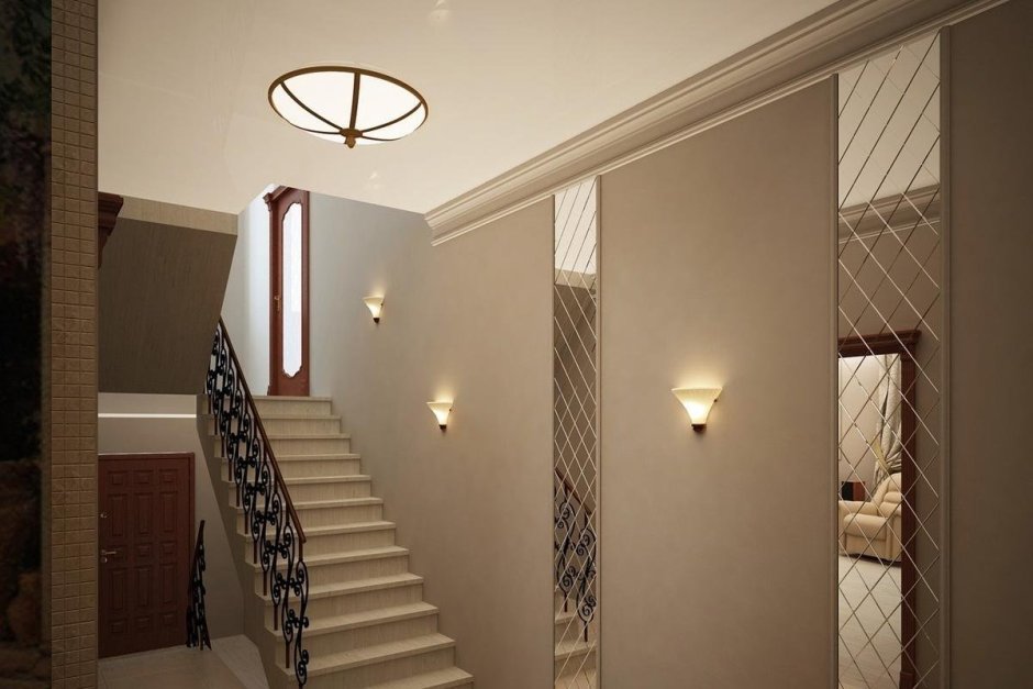 Интерьер коридора в частном доме с лестницей