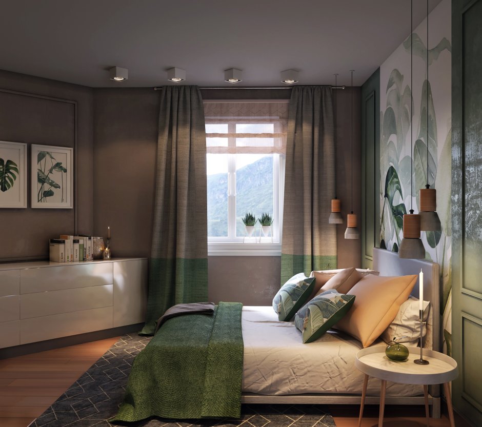 Серо-зеленый интерьер спальни