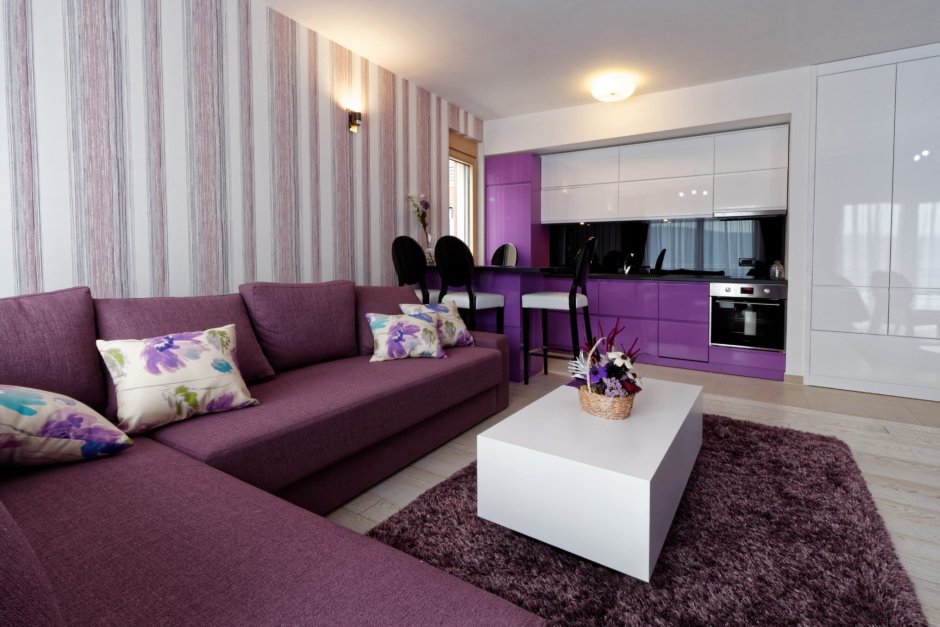 Кухня гостиная с фиолетовым диваном