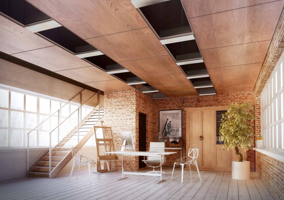 Реечный потолок в стиле лофт в кафе