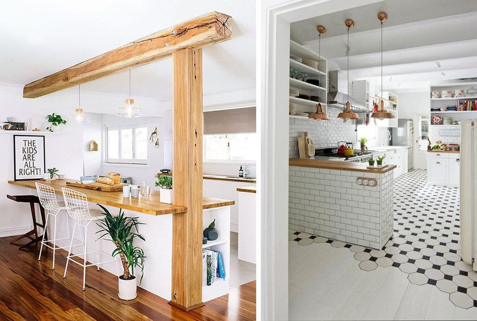 Деревянные рейки между кухней и гостиной