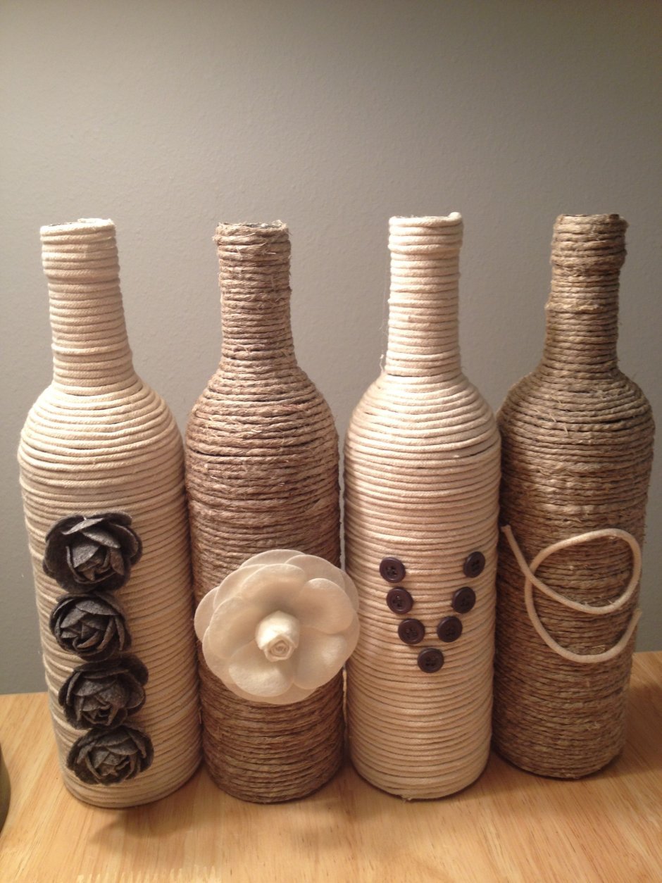 Декор бутылок джутовой филигранью