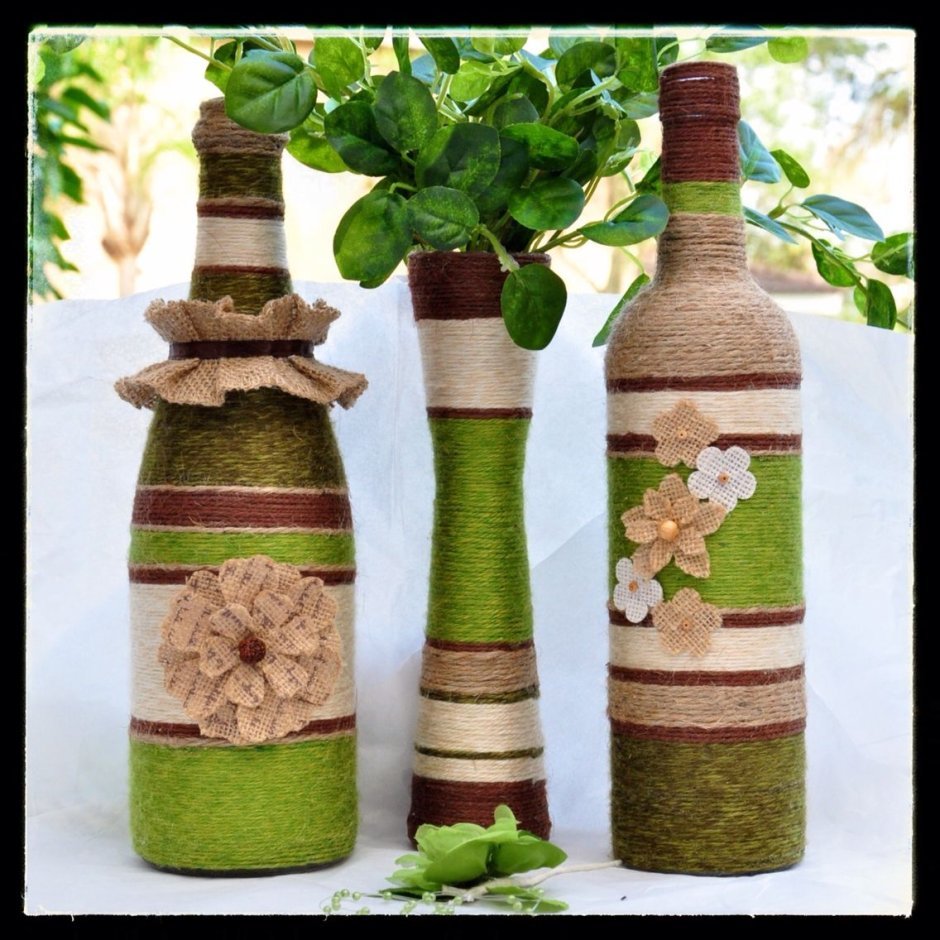 Бутылки декорированные джутом