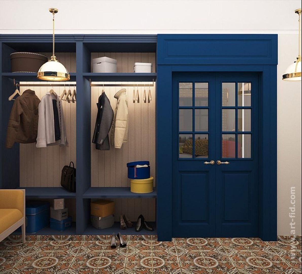 синий шкаф в интерьере гостиной