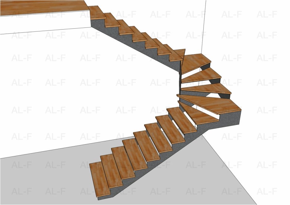 Лестница на 180 с забежными ступенями на косоурах