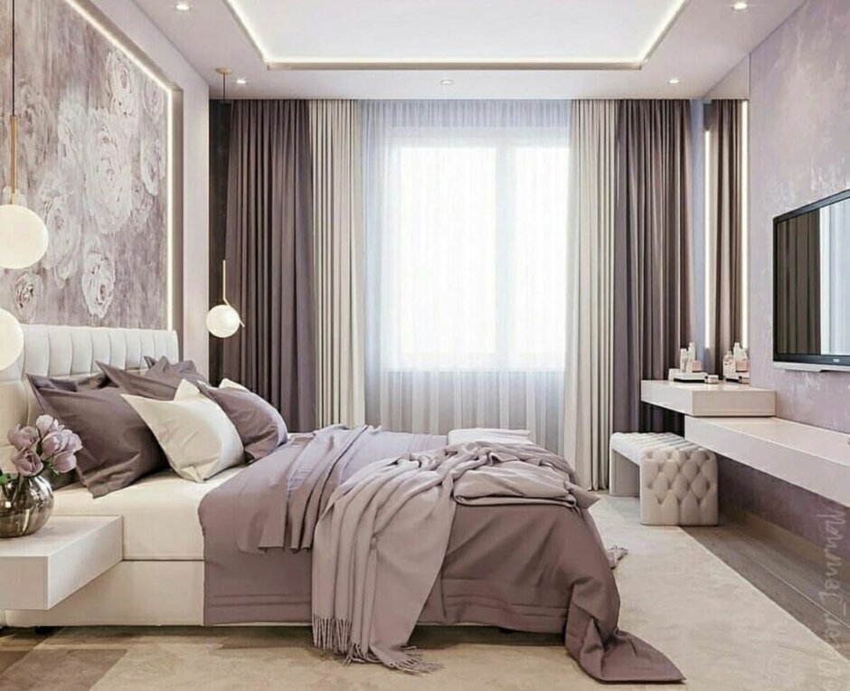 Кровать цвета пыльной розы в интерьере спальни фото