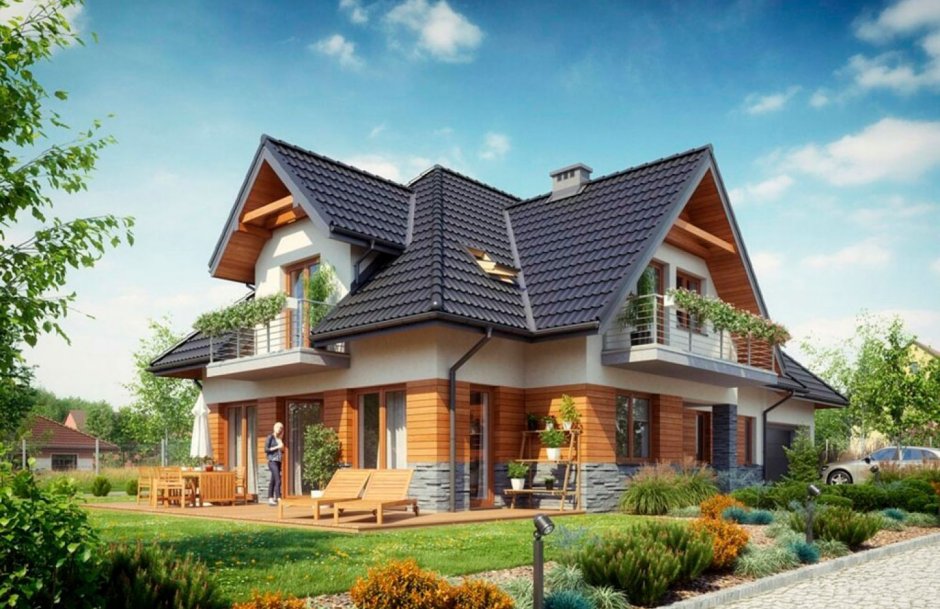 Дом с мансардой и террасой и гаражом 150м2