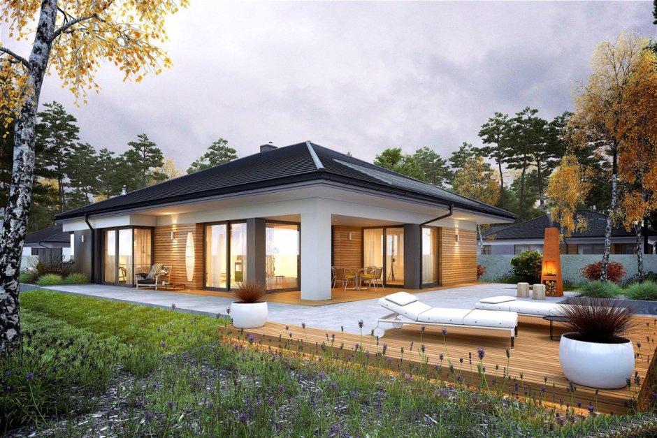 Одноэтажный дом с террасой в стиле лофт