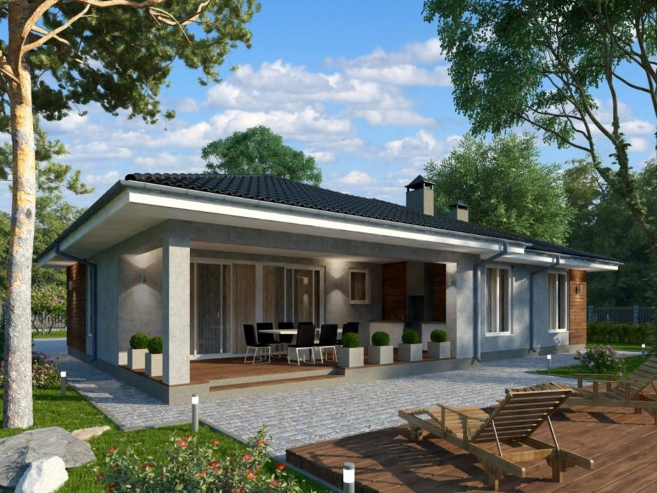 Деревянный дом одноэтажный с террасой 100кв