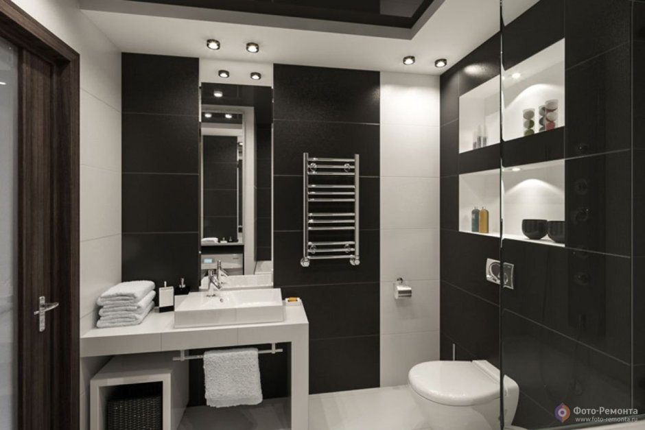 Черно белый интерьер ванной комнаты
