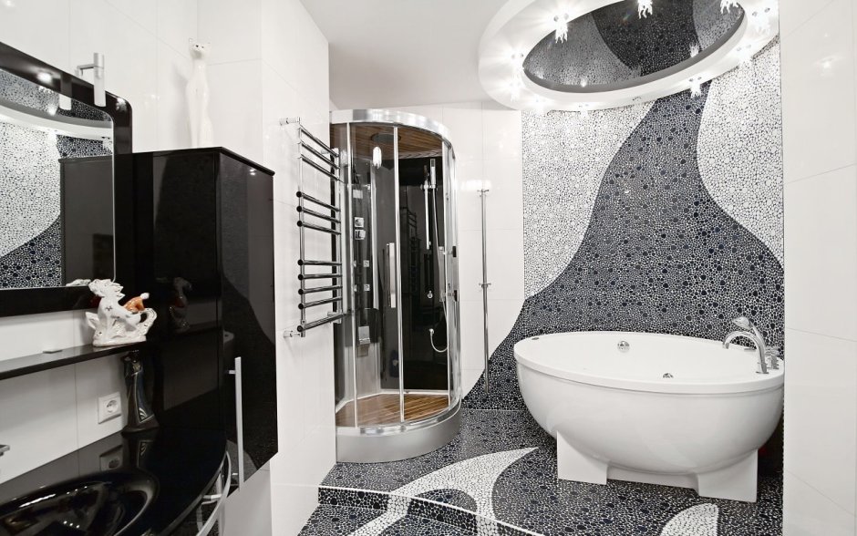 Интерьер ванной комнаты мозаика чёрно-белая