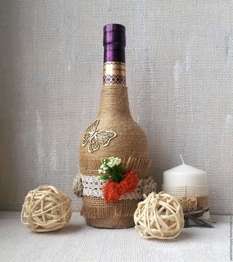 Бутылки декорированные джутом