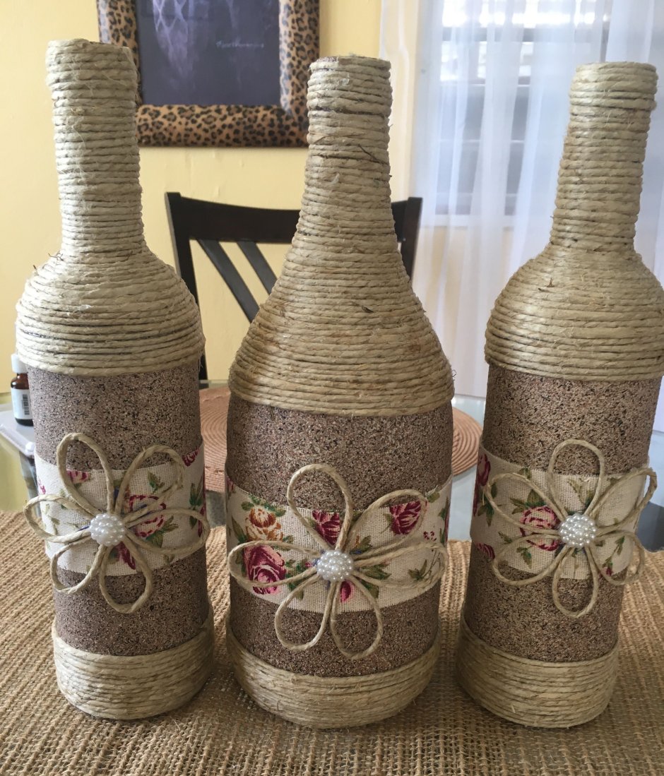 Декор бутылки шпагатом и кофейными зернами