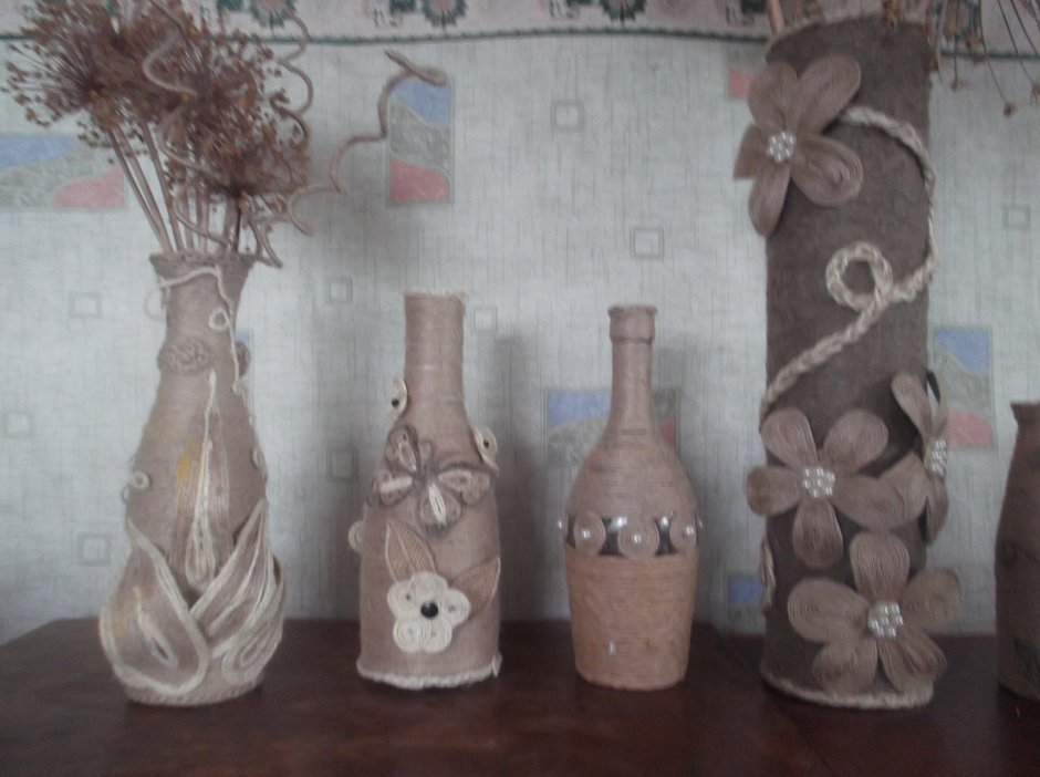 Украшение бутылки бечевкой