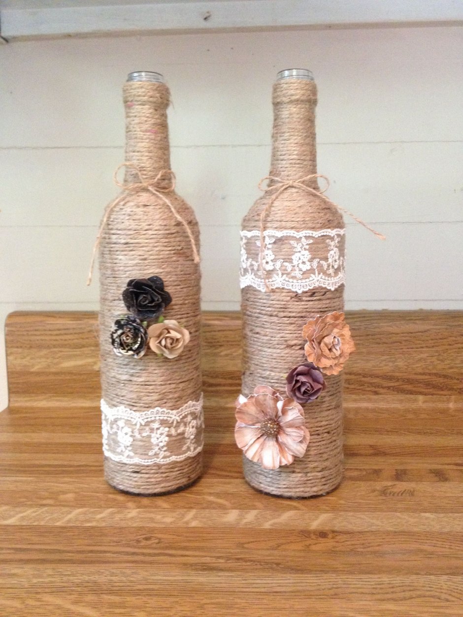 Декор пустой бутылки шпагатом