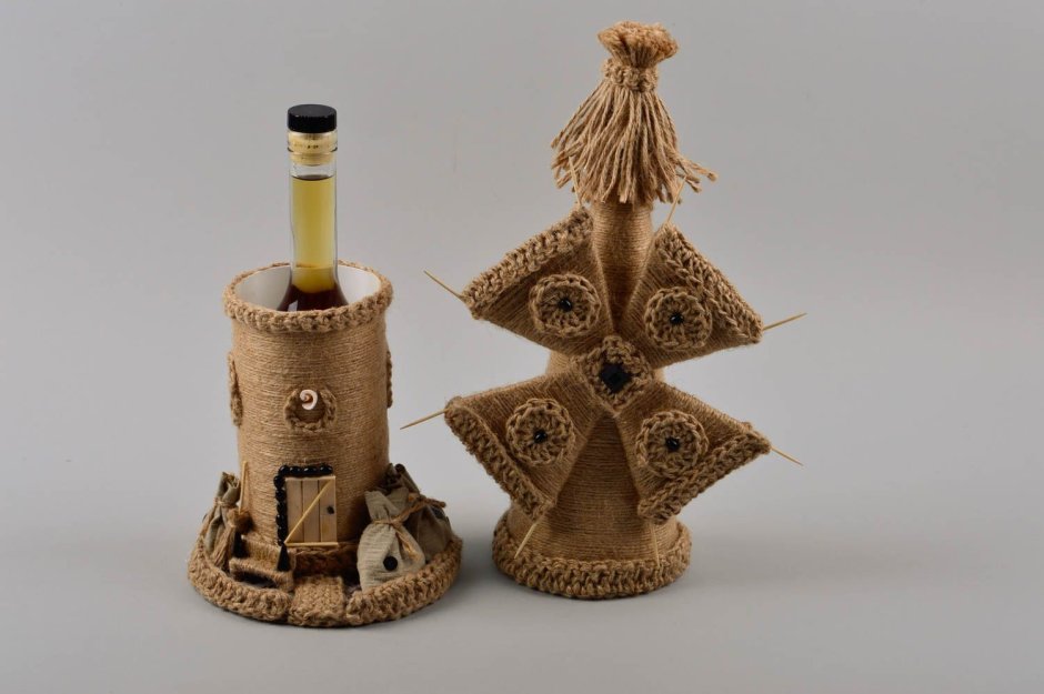 Декор бутылок джутовой филигранью