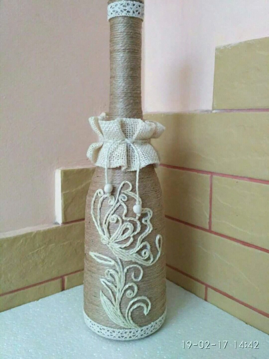 Украшение бутылок из джута