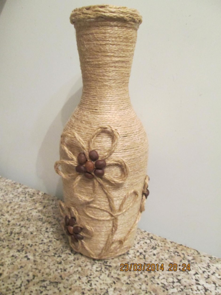 Украшение бутылки бечевкой