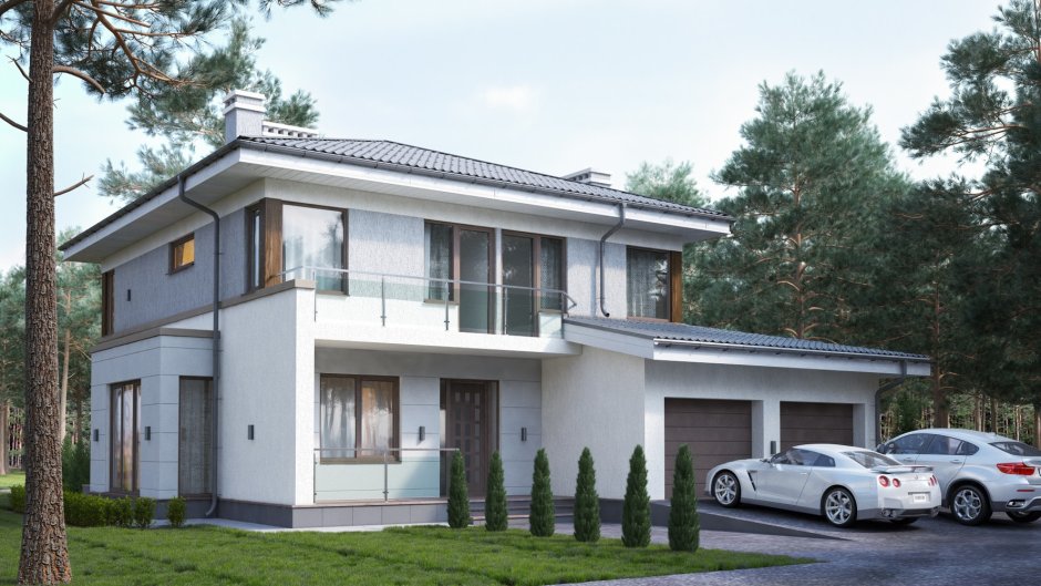 Двухэтажный кирпичный дом с гаражом