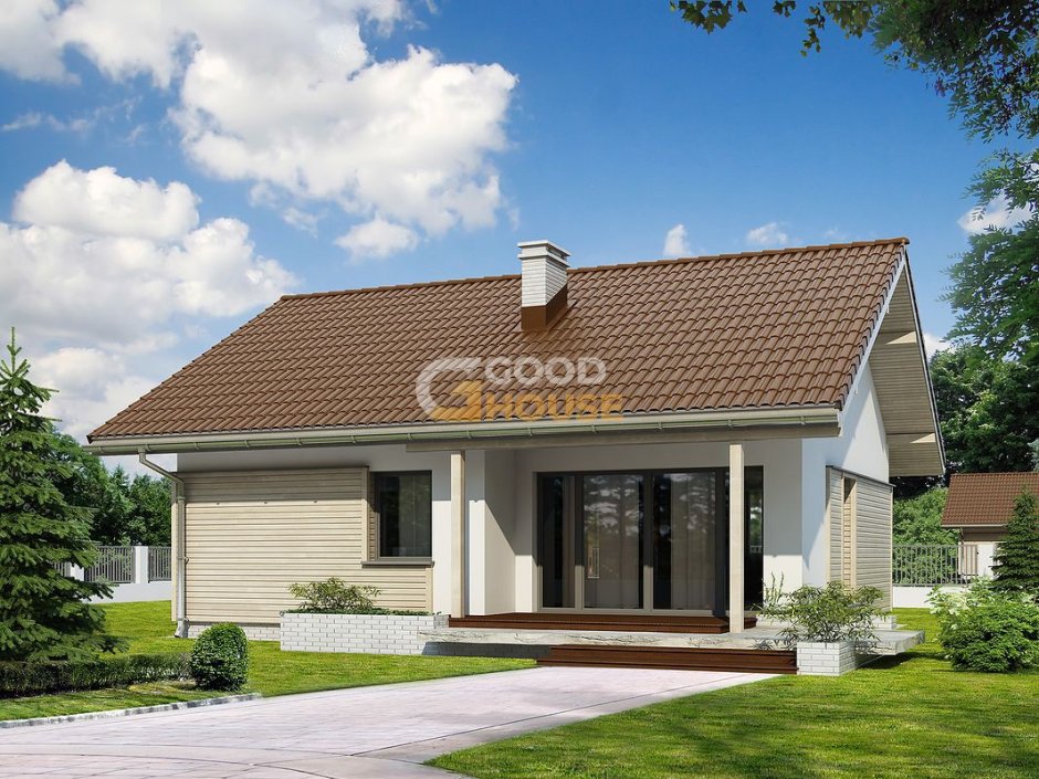 Одноэтажный кирпичный дом с двускатной крышей