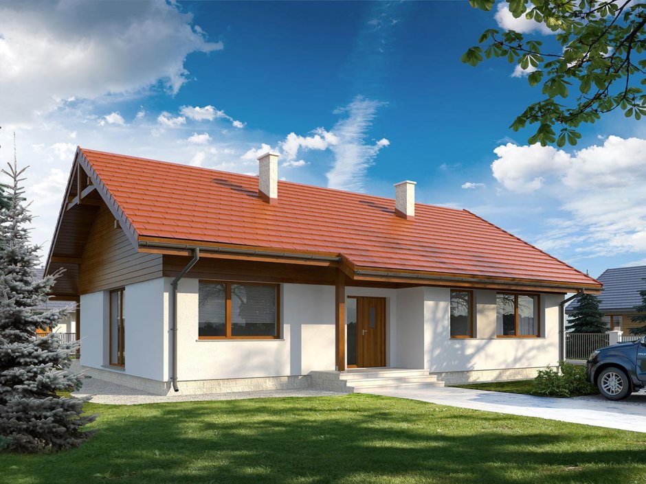 Одноэтажный дом с двускатной крышей