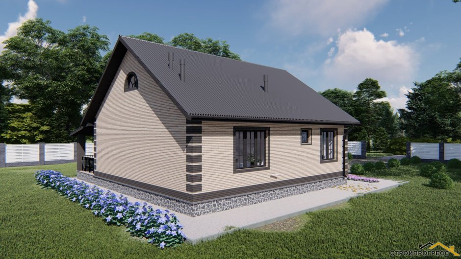 Одноэтажный дом с двускатной крышей и гаражом